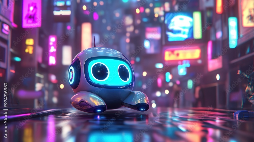 A futuristic robot exploring a vibrant neon cityscape at night. A futuristic robot exploring a vibrant neon cityscape at night.