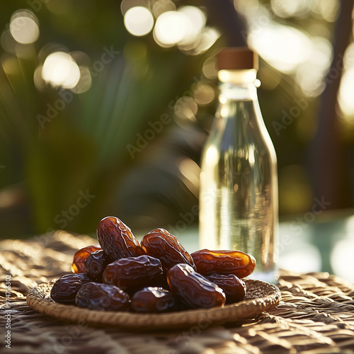 Dates and Water Bottle on Woven Mat in Outdoor Setting with Bokeh