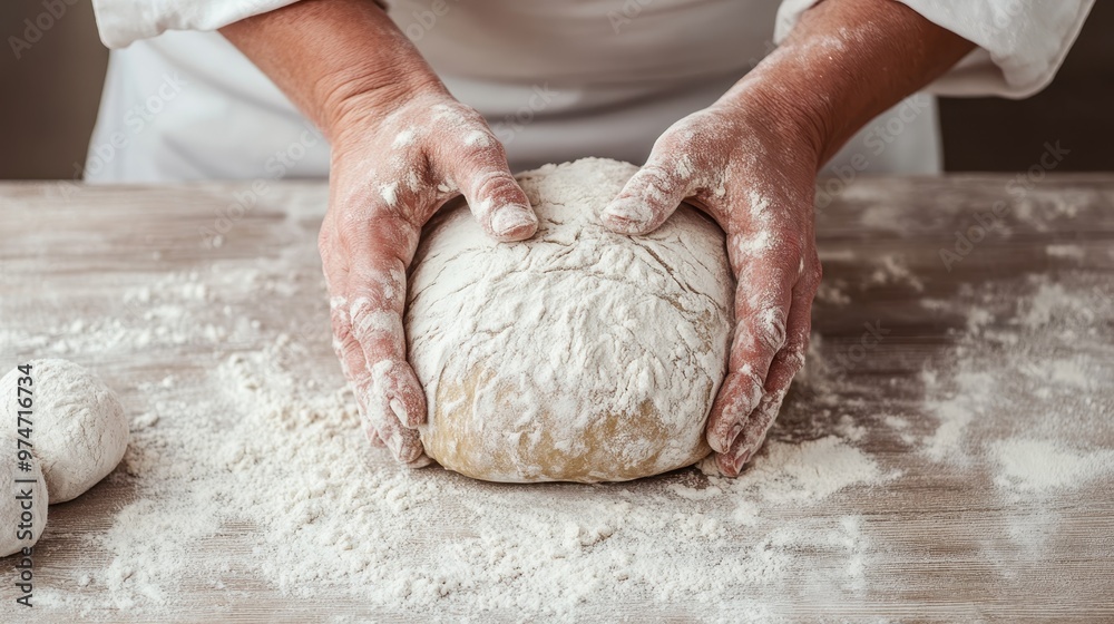 The baker's hands are shaping the dough on a floured wooden table, demonstrating meticulous handwork and commitment to traditional bread making processes. The baker's hands are shaping the dough on a floured wooden table, demonstrating meticulous handwork and commitment to traditional bread making processes.