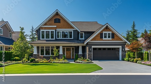 Real Estate Exterior Front House on a sunny day Big custom made luxury house with nicely landscaped front yard and driveway to garage in suburbs Modern designed home New construction h : Generative AI