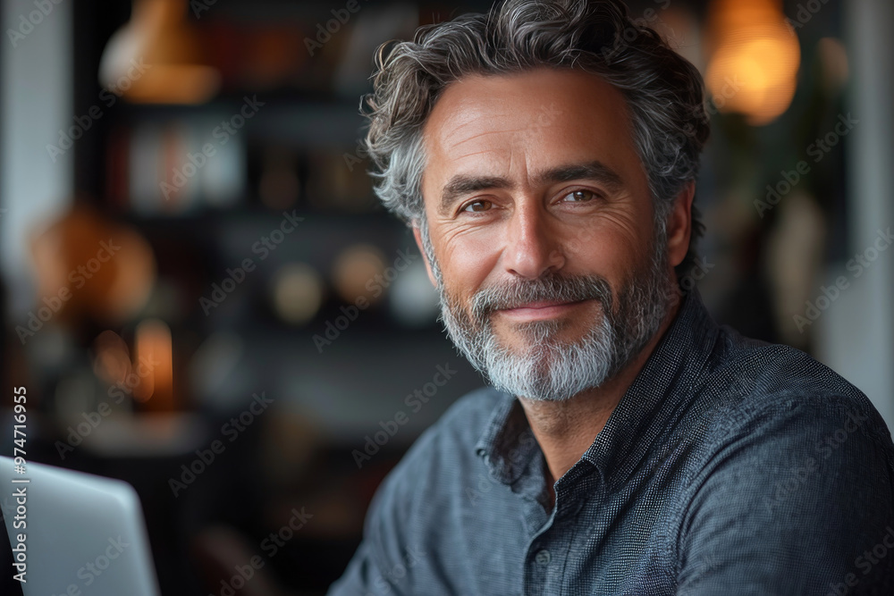 Smiling man in a cafe with a laptop