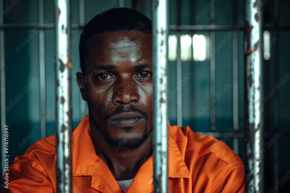 A black male prisoner in an aged orange uniform looks directly at the camera while standing behind metal bars in a detention center, revealing a serious expression A black male prisoner in an aged orange uniform looks directly at the camera while standing behind metal bars in a detention center, revealing a serious expression