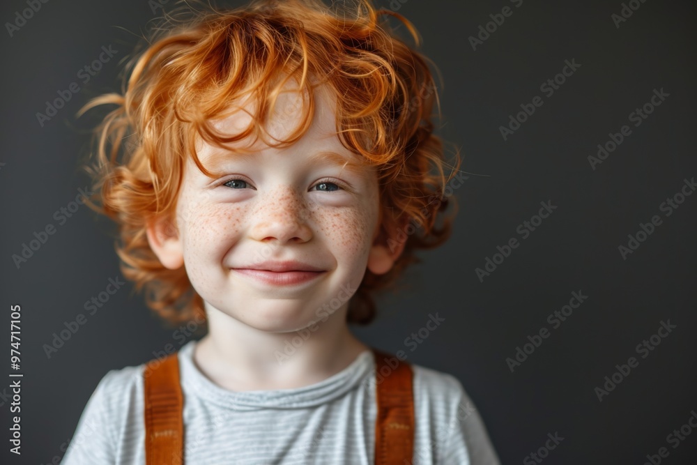 A cheerful little boy with vibrant red curls and freckles beams with happiness while wearing suspenders. His joyful expression lights up the dark backdrop, capturing pure childhood delight A cheerful little boy with vibrant red curls and freckles beams with happiness while wearing suspenders. His joyful expression lights up the dark backdrop, capturing pure childhood delight