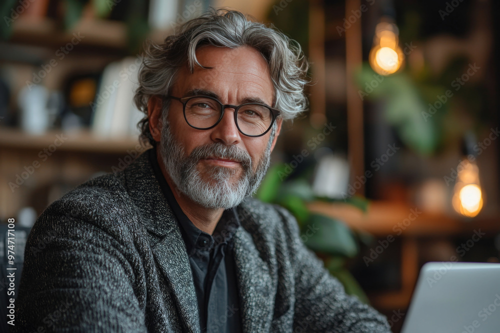 Smiling man with a gray beard and glasses in a cafe. Smiling man with a gray beard and glasses in a cafe.