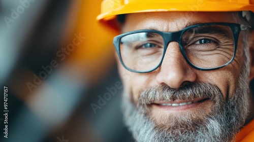 A cheerful bearded man wearing glasses and an orange hard hat, displaying joy and camaraderie at a busy construction worksite. photo