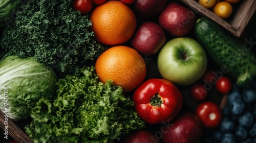 An organized display of colorful vegetables and fruits in a market setting presents a rich variety of produce, emphasizing health, freshness, and the bounty of nature.