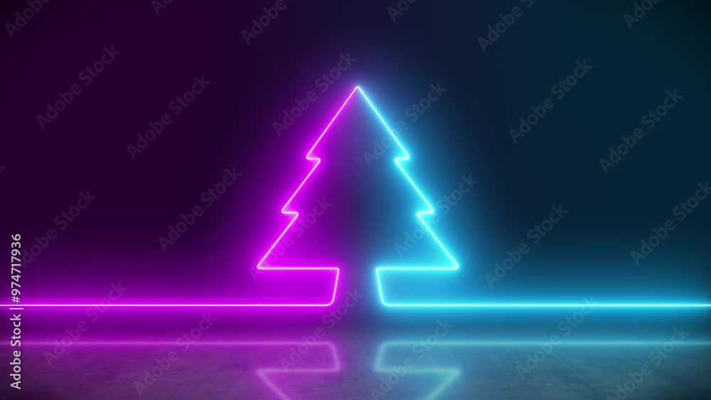 Video animation of glowing neon Christmas tree in blue and magenta on reflective floor - Abstract background - vacation concept - seamless loop. Video animation of glowing neon Christmas tree in blue and magenta on reflective floor - Abstract background - vacation concept - seamless loop.