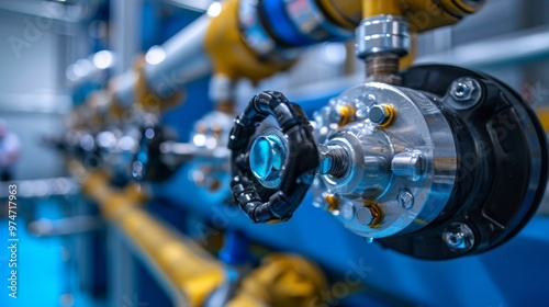 A close-up perspective of a water node showcasing an intricate arrangement of pipes and fittings connected to a control unit for the heating system photo