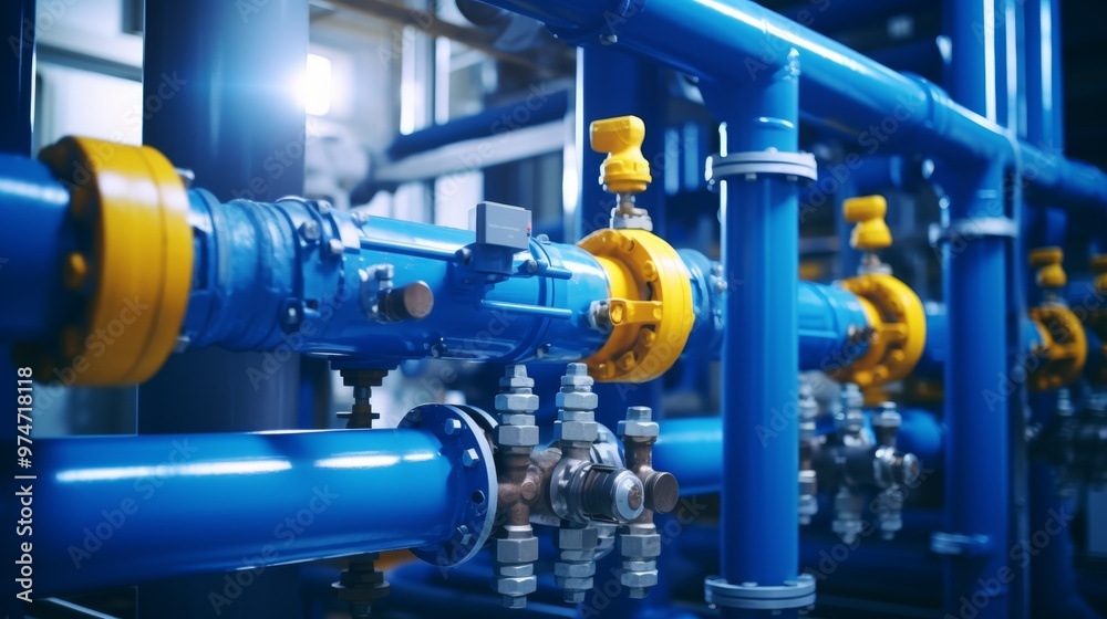 A carefully organized water node showcases intricately connected pipes and fittings, controlling the water supply for a heating system in a residential or commercial setting A carefully organized water node showcases intricately connected pipes and fittings, controlling the water supply for a heating system in a residential or commercial setting