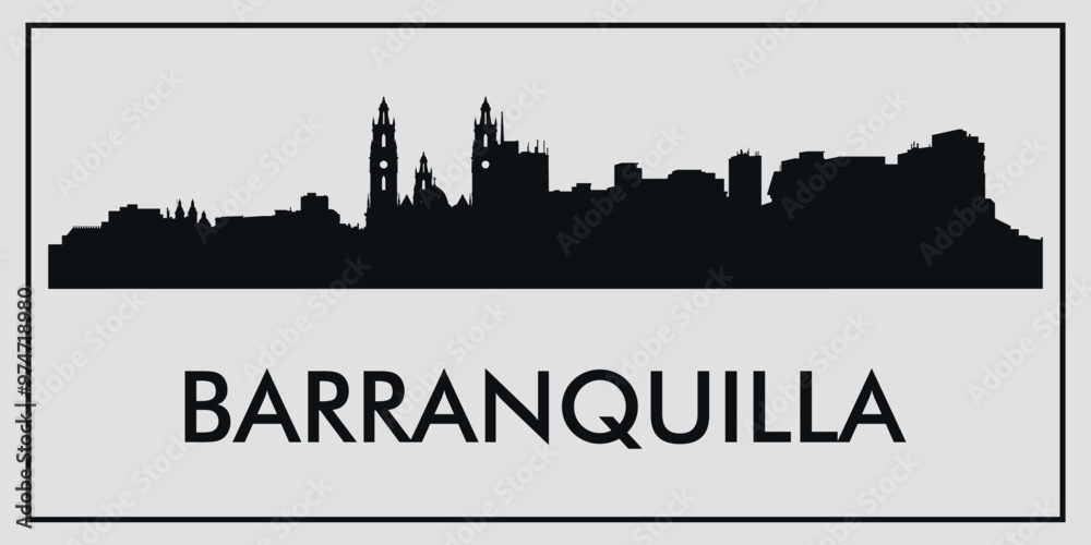 Obraz premium Cityscape. Barranquilla, Colombia. Silhouettes of buildings. Vector on gray background