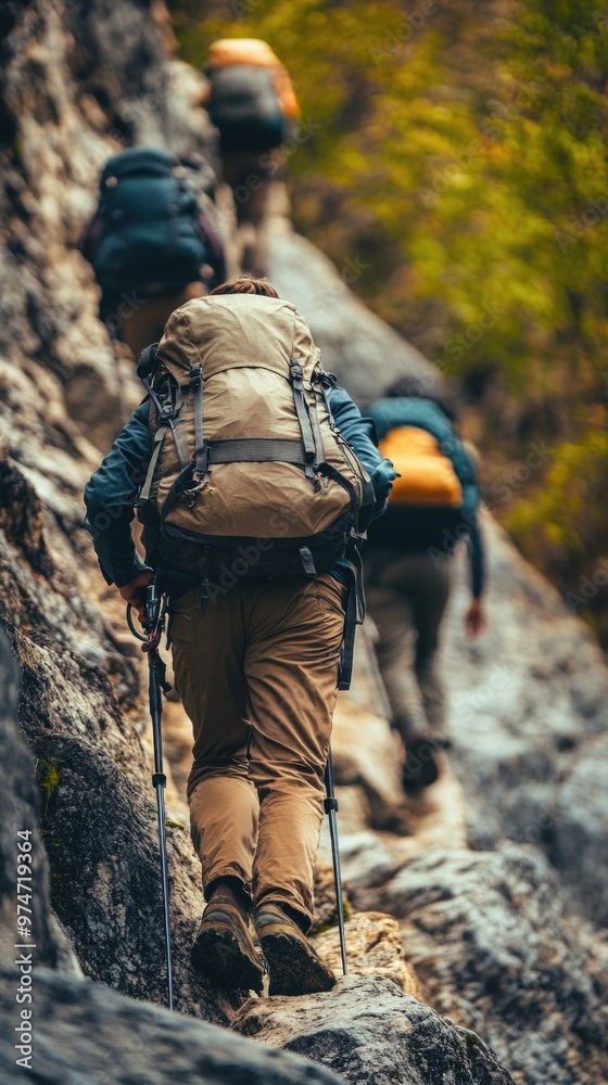 Packs – Hikers Wearing Backpacks Climbing Rugged Terrain Symbolizing Adventure and Endurance Packs – Hikers Wearing Backpacks Climbing Rugged Terrain Symbolizing Adventure and Endurance