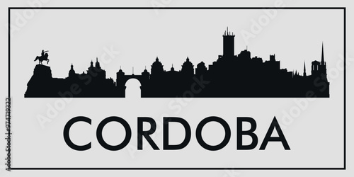 Cityscape. Cordoba, Spain. Silhouettes of buildings. Vector on gray background