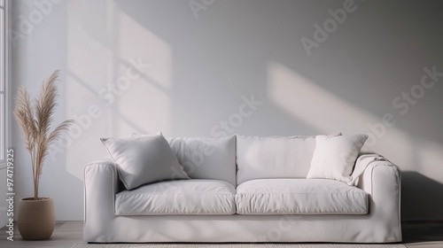 A sleek white sofa adorned with plush cushions stands in a bright room with minimalist decor. Pampas grass in a vase sits adjacent, bathed in natural light from the window.