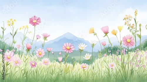 A serene landscape featuring a vibrant flower field in front of majestic mountains under a clear blue sky.