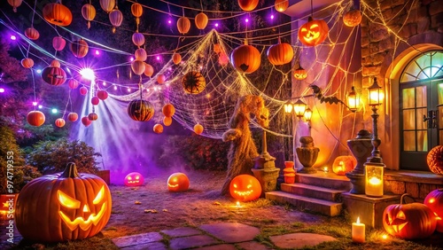 Vibrant orange and purple lights illuminate a spooky Halloween party scene in Greensboro, with cobwebs, pumpkins, and balloons creating a festive and eerie atmosphere. photo