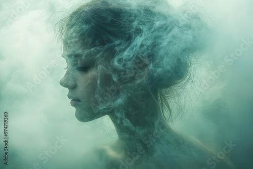 mental health awareness surreal portrait of young woman with head partially obscured by swirling mist representing the complexities of depression and inner struggles against ethereal backdrop