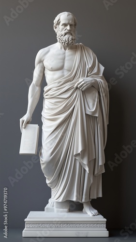 Statue of ancient Greek philosopher wearing toga, holding scrolls, gray background, concept of Stoicism, wisdom, philosophy, knowledge, history.