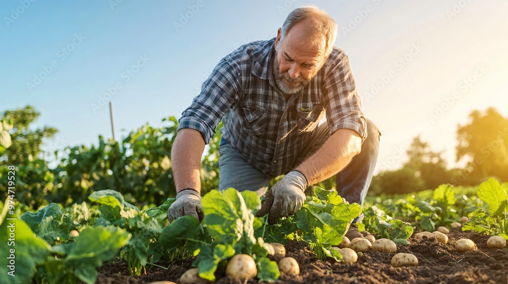 Fototapeta premium Harvesting Fresh Potatoes at Sunrise Organic Farming Concept in Fertile Field