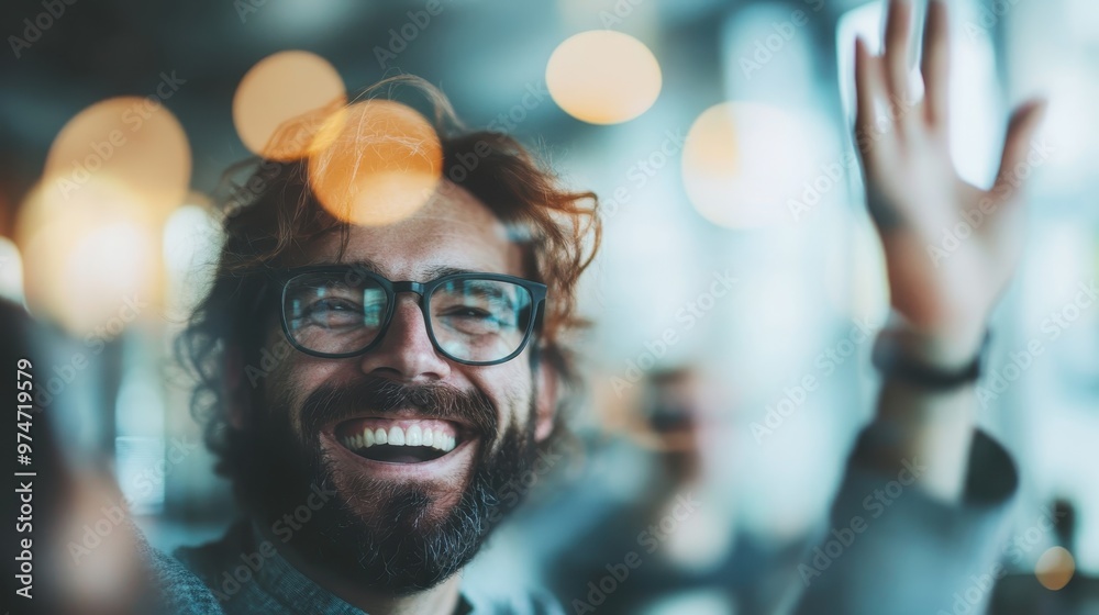 A bearded man with glasses, laughing joyfully, stands out against a lively background, radiating positivity and capturing a candid moment of pure happiness.