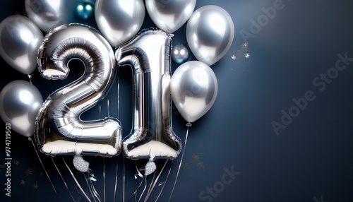 Banner with number 21 silver balloons with copy space photo