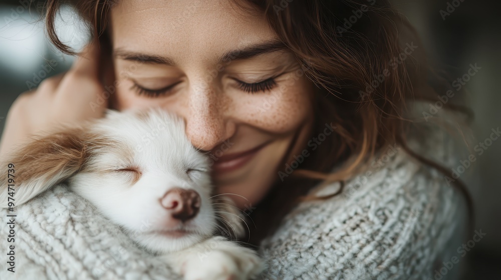 A person, warmly dressed in a knitted sweater, is hugging a kitten closely, evoking feelings of warmth, love, and comfort in a serene indoor environment. A person, warmly dressed in a knitted sweater, is hugging a kitten closely, evoking feelings of warmth, love, and comfort in a serene indoor environment.