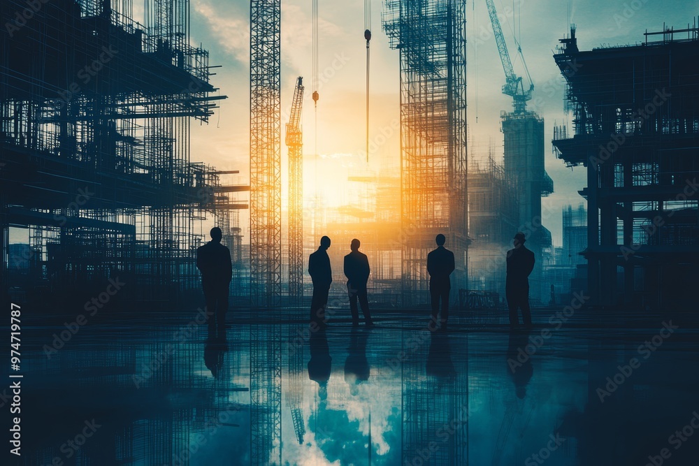 Obraz premium Silhouetted teamwork business professionals and industrial construction in blue and gray tones