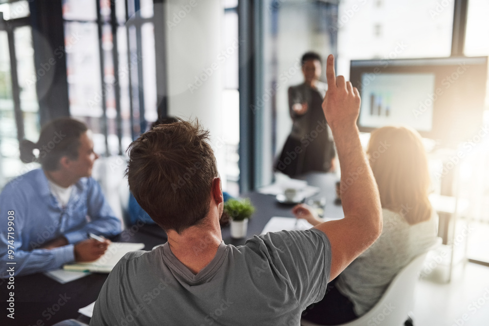 Obraz premium Man, question and coworkers in business meeting or office as project manager in architecture firm. Back male person and colleagues in teamwork for discussion, brainstorming or development as creative