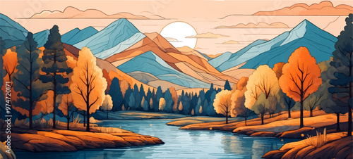 Set of wedding invitation with watercolor aquarelle landscape mountain background. 