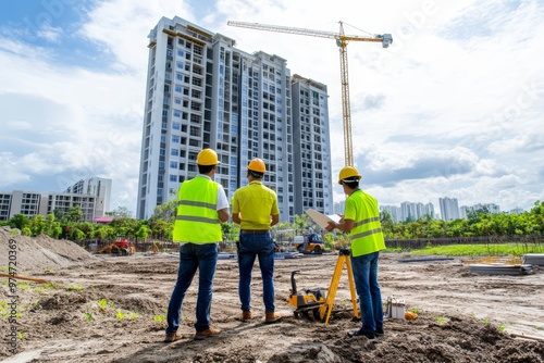 Engineers and architects collaborate on high rise construction, focusing on contour plan surveying