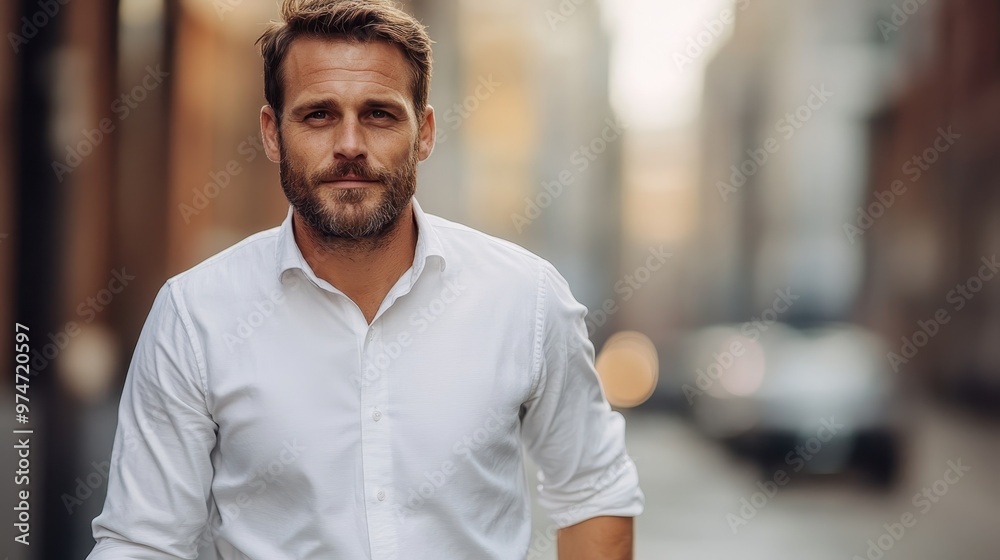 A stylish man wearing a white shirt is captured walking down a blurry, sunlit street with a bokeh background. The scene exudes a casual yet professional elegance. A stylish man wearing a white shirt is captured walking down a blurry, sunlit street with a bokeh background. The scene exudes a casual yet professional elegance.
