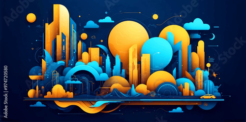 Vibrant Abstract Wave of Smart City with Multilayered Color Texture and Digital Elements - Global Technology and Social Network Concept for Web Banner Design