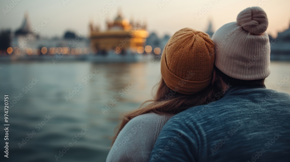 A couple sitting closely, enjoying a tranquil evening near a beautiful water body with soft lights in the background, creating a romantic and peaceful atmosphere. A couple sitting closely, enjoying a tranquil evening near a beautiful water body with soft lights in the background, creating a romantic and peaceful atmosphere.