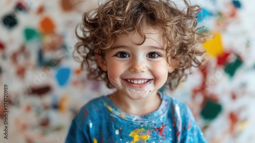 A young child with curly hair and a paint-splattered shirt stands in front of a brightly colored, abstract, and playful background, expressing creativity and joy.