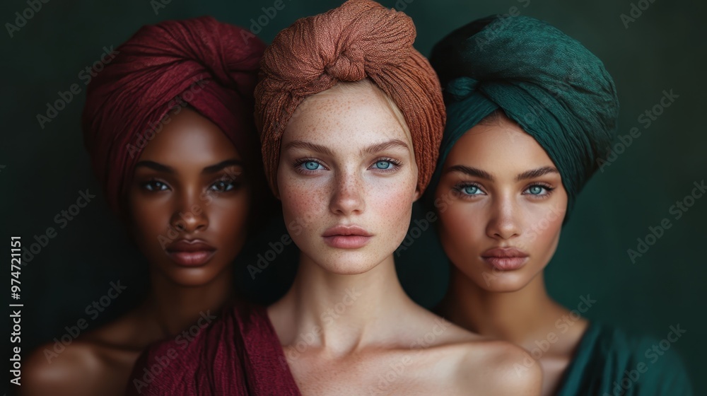 Three women are gracefully posing with colorful headwraps in a setting characterized by dark, dramatic lighting, emphasizing the elegance and cultural richness of the scene. Three women are gracefully posing with colorful headwraps in a setting characterized by dark, dramatic lighting, emphasizing the elegance and cultural richness of the scene.