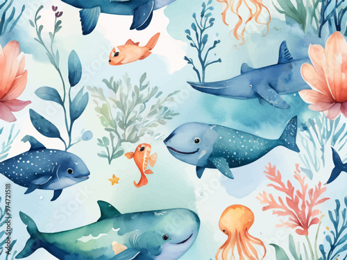 Watercolor style. Under the sea background. Marine Life Landscape. Ocean underwater world. Silhouette ocean bottom. Marine underwater life. Sea, seascape, seafloor, undersea background. Vector