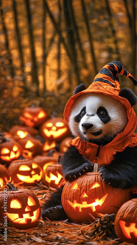 A playful panda in a witch hat surrounded by carved pumpkins in a vibrant autumn setting. A playful panda in a witch hat surrounded by carved pumpkins in a vibrant autumn setting.