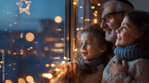 Jewish family singing by festive window. Hanukkah.