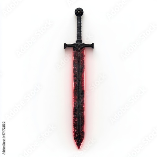 A levitating knight s sword with glowing edge, fantasy weapon, realistic illustration, steel and red, isolated on white background photo