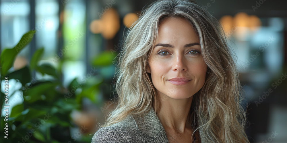 Fototapeta premium Smiling woman with long blonde hair looking at the camera