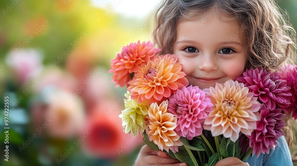 Close up of little preschool girl with dahlia flower bouquet Closeup of happy child holding colorful garden summer flowers for mothers day or birthday Closeup of flowers in rainbow col : Generative AI Close up of little preschool girl with dahlia flower bouquet Closeup of happy child holding colorful garden summer flowers for mothers day or birthday Closeup of flowers in rainbow col : Generative AI