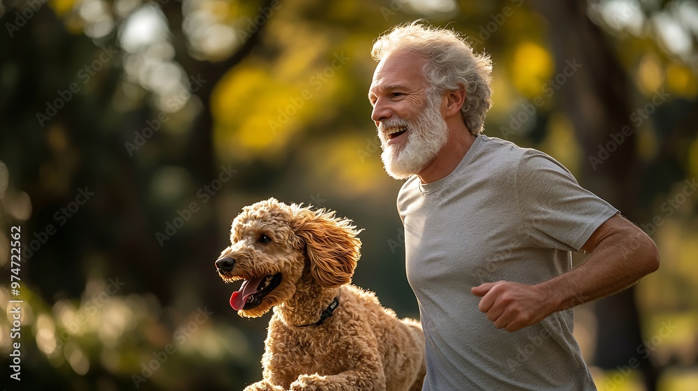 Profile view of an active senior male and his pet labradoodle dog running together in the park on a sunny day in Summer with copy space : Generative AI Profile view of an active senior male and his pet labradoodle dog running together in the park on a sunny day in Summer with copy space : Generative AI