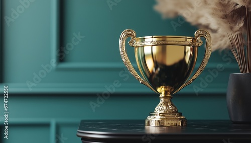 Golden Champion Cup Placed On A Table - High-Quality 3d Rendering Showing Detailed Design And Realistic Appearance Of The Trophy. photo