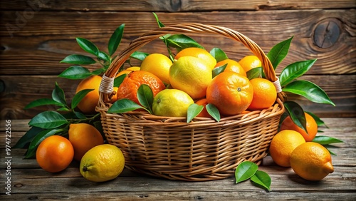 Vibrant orange and yellow spheres of juicy, ripe oranges and lemons fill a wicker basket, surrounded by lush green leaves, against a warm, rustic wooden background. photo