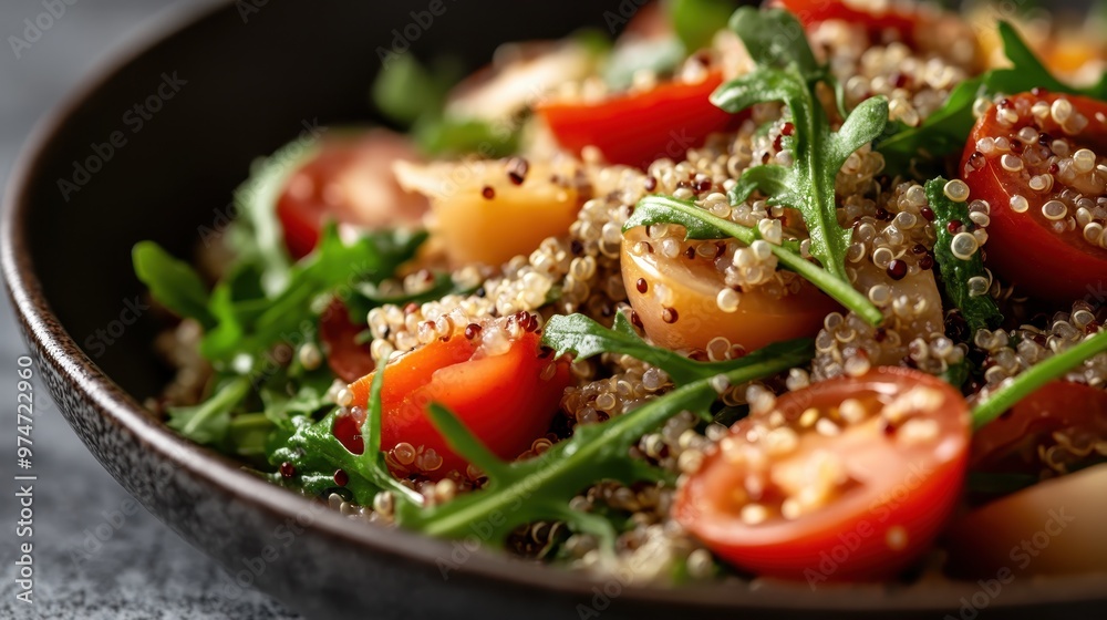 A vibrant quinoa salad close-up, featuring fresh cherry tomatoes, arugula leaves, and a variety of nutritious ingredients. The dish is colorful and appetizing. A vibrant quinoa salad close-up, featuring fresh cherry tomatoes, arugula leaves, and a variety of nutritious ingredients. The dish is colorful and appetizing.