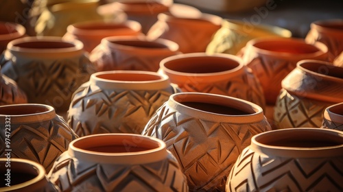 A collection of rustic, handcrafted pottery vessels, each with unique patterns and textures, arranged in a captivating display.