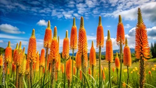 Vibrant orange foxtail lilies sway gently in the breeze, their towering spikes of tubular blooms standing tall amidst a lush green meadow on a sunny day. photo