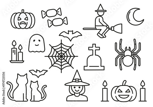 Halloween icons with pumkins witch, spider, ghost, candle, candies, tombstone