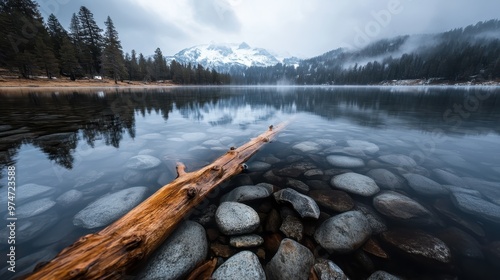 An evocative image showcasing a calm lake with a floating log on its rocky shoreline, surrounded by fir trees and mountains, capturing the stillness of early winter in nature.