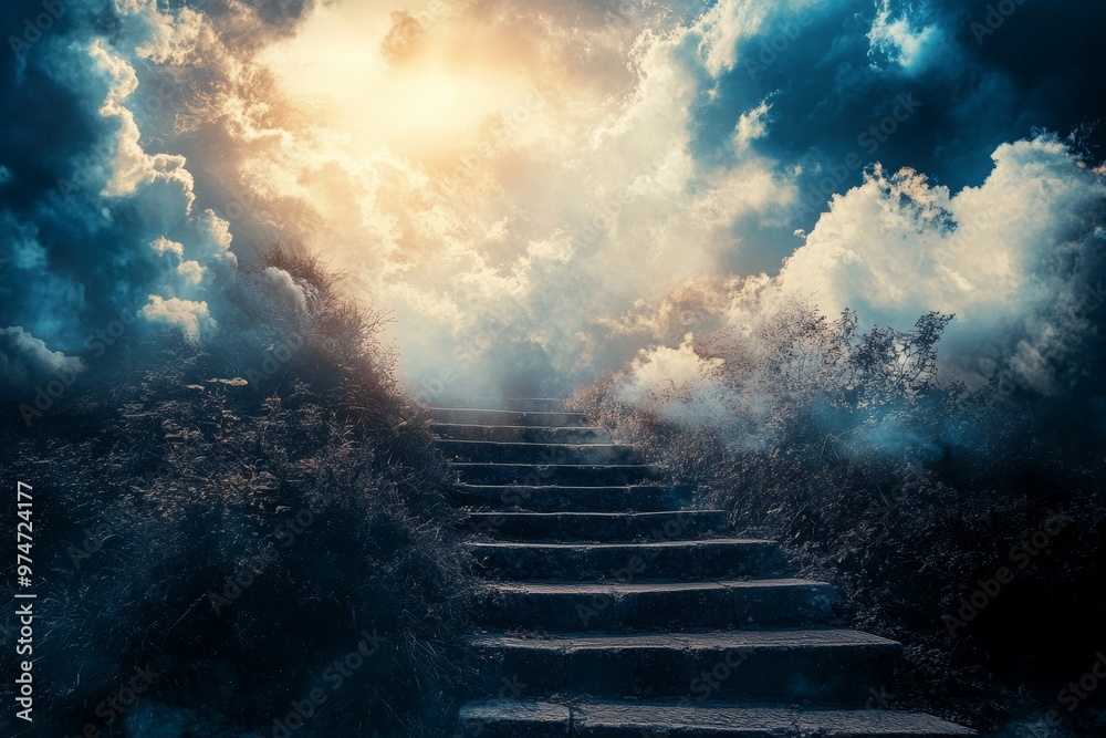 Fototapeta premium Ascend the grand stairway leading up to a heavenly sky, illuminated by radiant light above you.