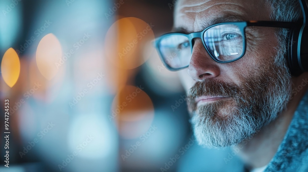 A person is wearing headphones and glasses, with a background of bokeh lights creating a tech-inspired atmosphere, emphasizing focus and modernity.
